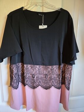 Black and Pink Lace-Trim Women's Top